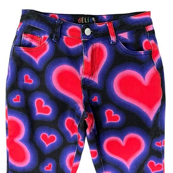 Delia's Dolls Kill Y2K Heart Low Rise Black Purple Red Pink Flare Jeans size XS - Picture 9 of 9